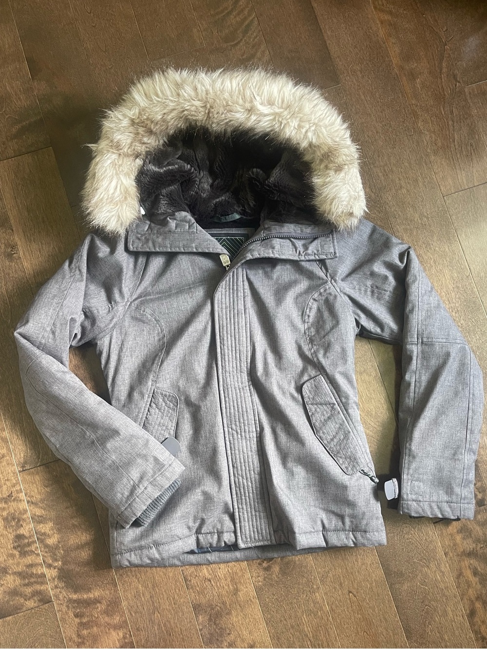 TNA woman’s Gray Hooded bomber Jacket with Faux Fur Trim
